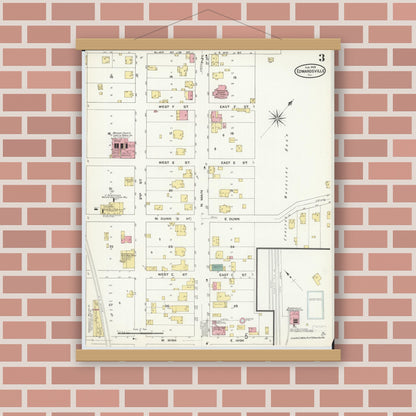 Old map wall art mockup — magnetic wood frame on brick wall — Sanborn Fire Insurance Map from Edwardsville, Madison County, Illinois (1909), Sheet #0003