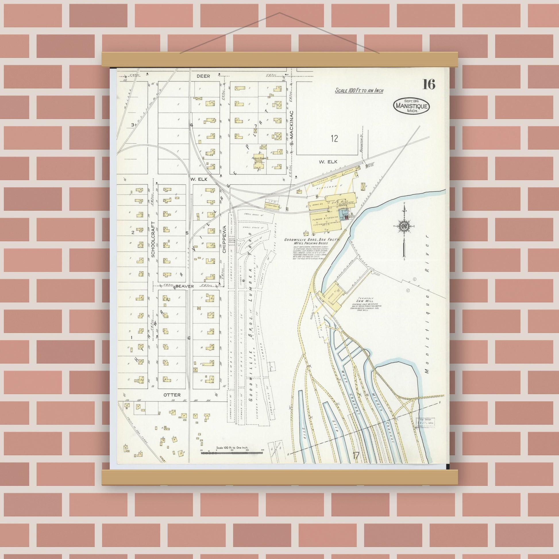Old map wall art mockup — magnetic wood frame on brick wall — Sanborn Fire Insurance Map from Manistique, Schoolcraft County, Michigan (1914), Sheet #0016