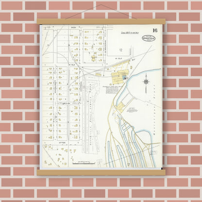 Old map wall art mockup — magnetic wood frame on brick wall — Sanborn Fire Insurance Map from Manistique, Schoolcraft County, Michigan (1914), Sheet #0016