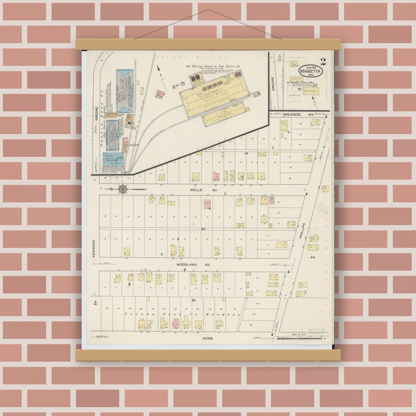 Old map wall art mockup — magnetic wood frame on brick wall — Sanborn Fire Insurance Map from Marietta, Washington County, Ohio (1915), Sheet #0002