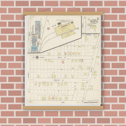 Old map wall art mockup — magnetic wood frame on brick wall — Sanborn Fire Insurance Map from Marietta, Washington County, Ohio (1915), Sheet #0002