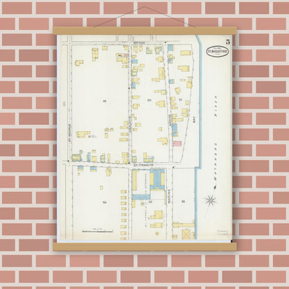 Old map wall art mockup — magnetic wood frame on brick wall — Sanborn Fire Insurance Map from Saint Augustine, Saint John's County, Florida (1893), Sheet #0005