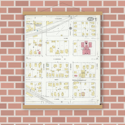 Old map wall art mockup — magnetic wood frame on brick wall — Sanborn Fire Insurance Map from Albion, Calhoun County, Michigan (1918), Sheet #0007
