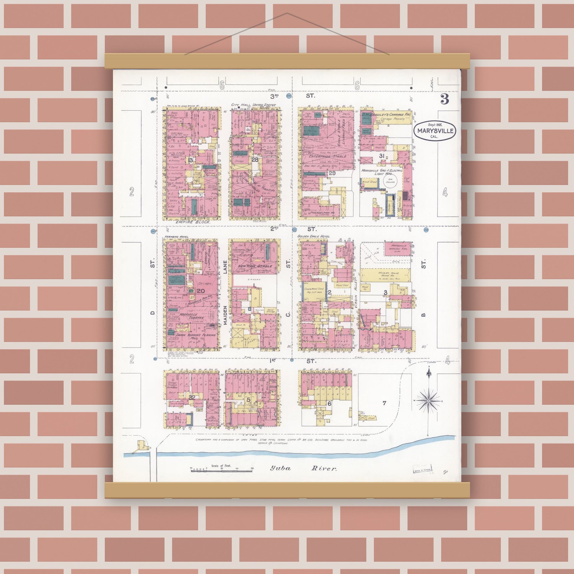 Old map wall art mockup — magnetic wood frame on brick wall — Sanborn Fire Insurance Map from Marysville, Yuba County, California (1895), Sheet #0003