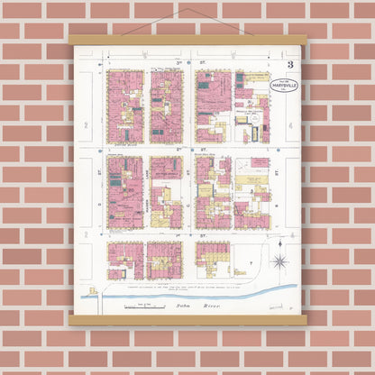 Old map wall art mockup — magnetic wood frame on brick wall — Sanborn Fire Insurance Map from Marysville, Yuba County, California (1895), Sheet #0003