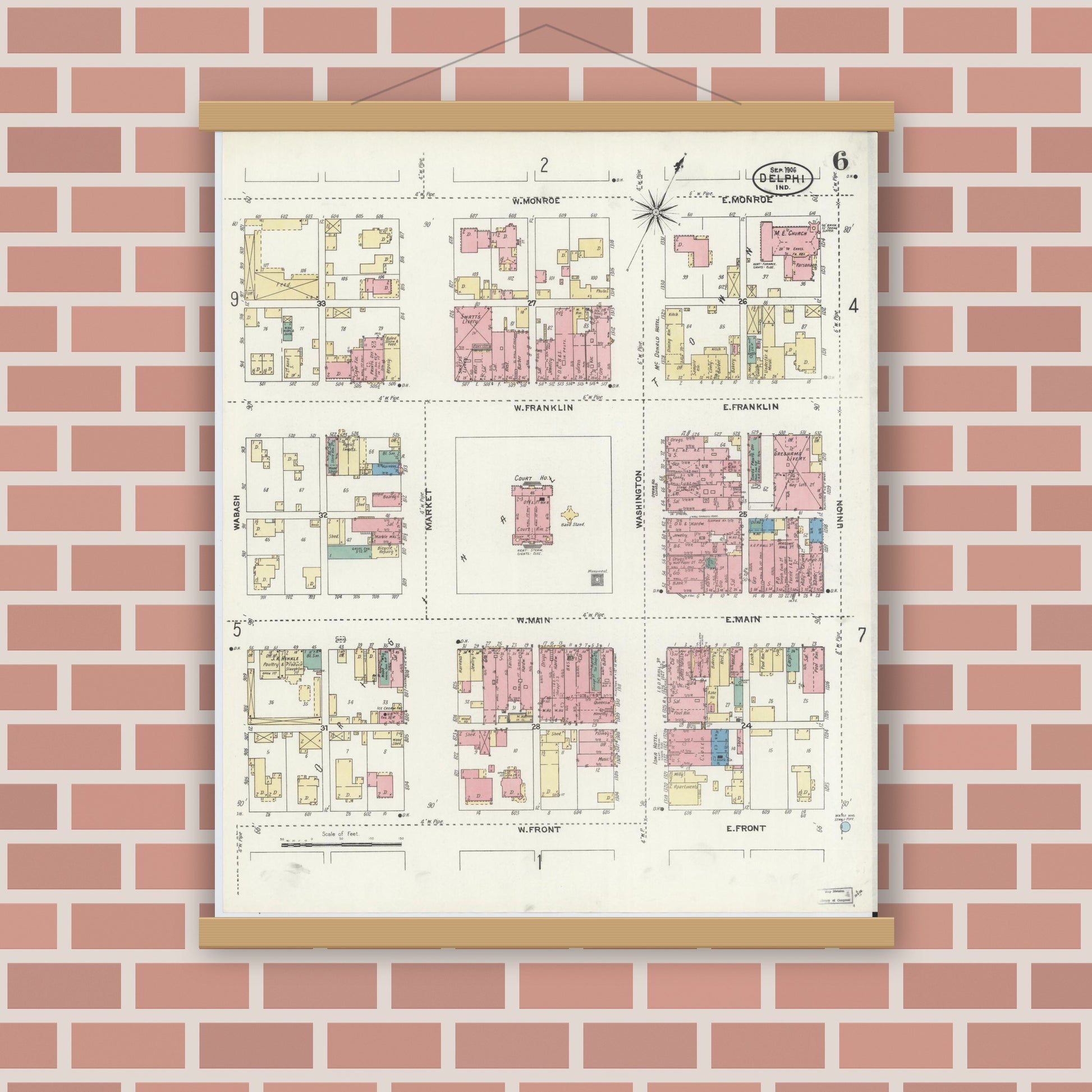 Old map wall art mockup — magnetic wood frame on brick wall — Sanborn Fire Insurance Map from Delphi, Carroll County, Indiana (1906), Sheet #0006