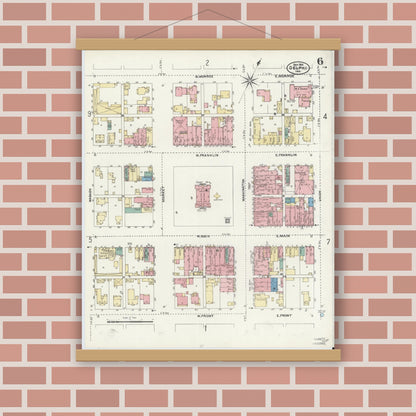 Old map wall art mockup — magnetic wood frame on brick wall — Sanborn Fire Insurance Map from Delphi, Carroll County, Indiana (1906), Sheet #0006