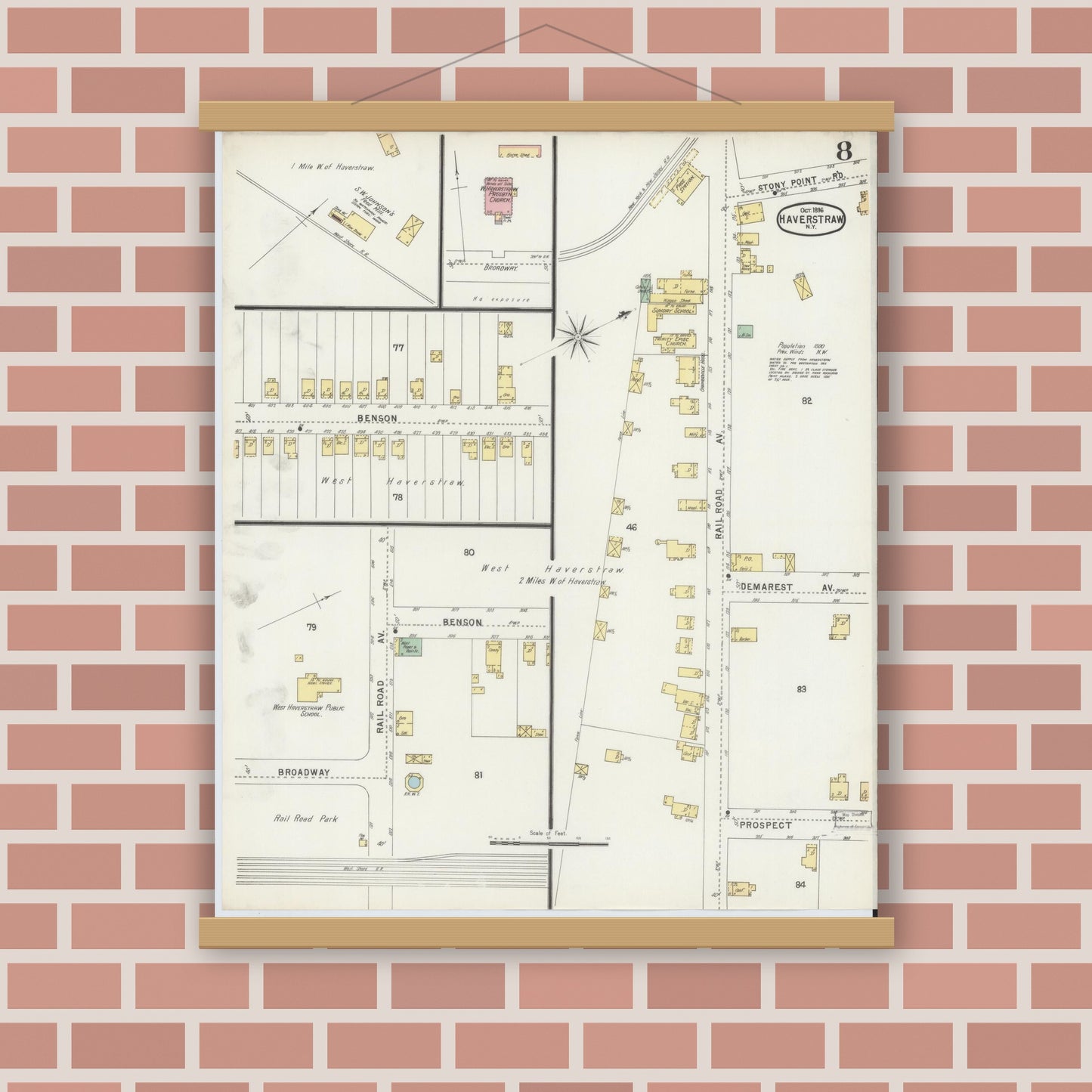 Old map wall art mockup — magnetic wood frame on brick wall — Sanborn Fire Insurance Map from Haverstraw, Rockland County, New York (1896), Sheet #0008