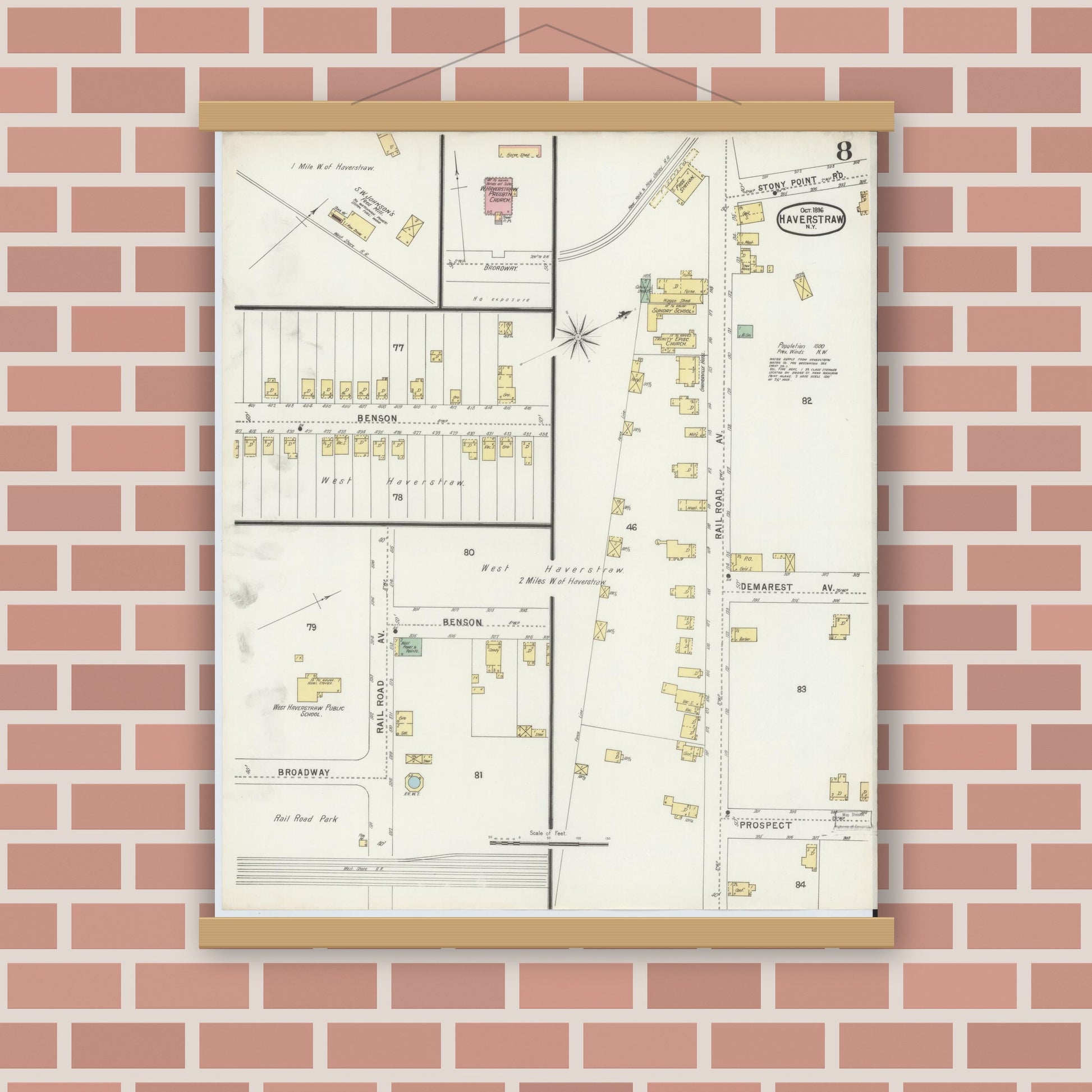 Old map wall art mockup — magnetic wood frame on brick wall — Sanborn Fire Insurance Map from Haverstraw, Rockland County, New York (1896), Sheet #0008