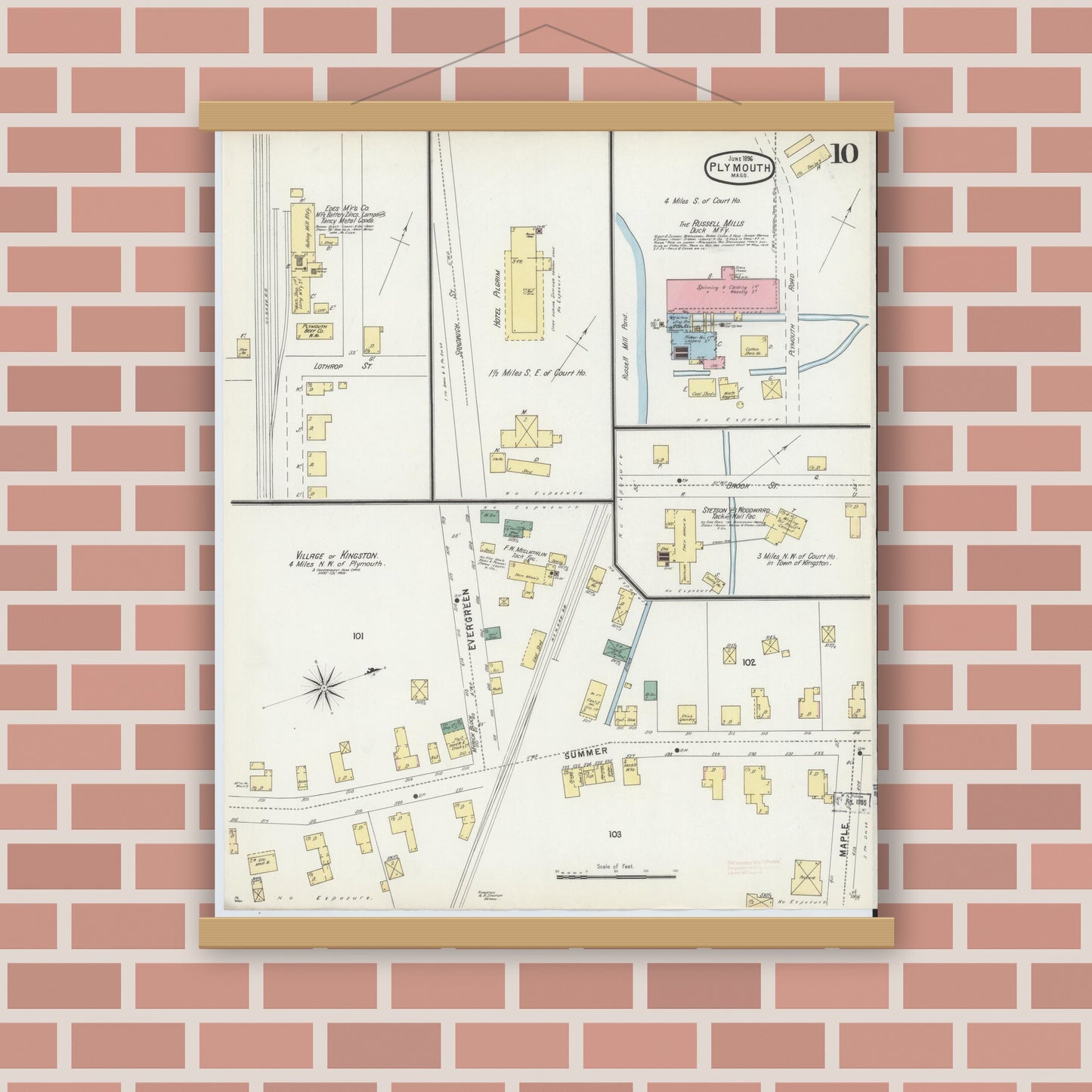 Old map wall art mockup — magnetic wood frame on brick wall — Sanborn Fire Insurance Map from Plymouth, Plymouth County, Massachusetts (1896), Sheet #0010
