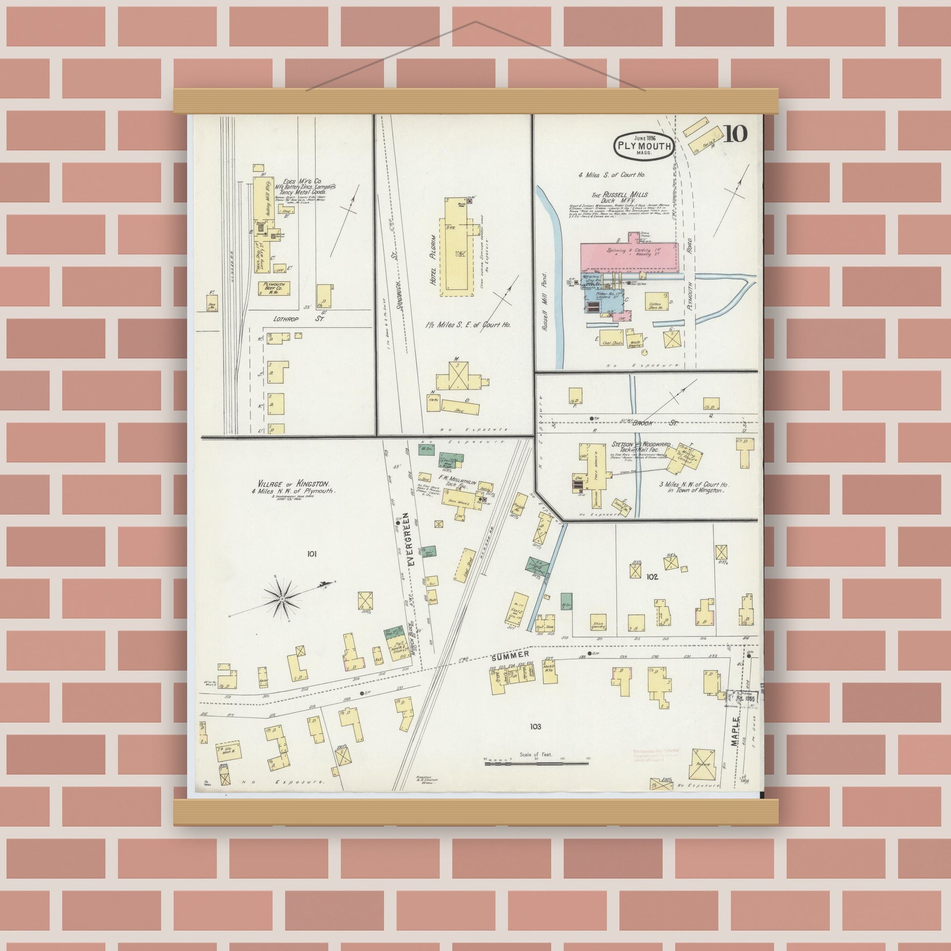 Old map wall art mockup — magnetic wood frame on brick wall — Sanborn Fire Insurance Map from Plymouth, Plymouth County, Massachusetts (1896), Sheet #0010