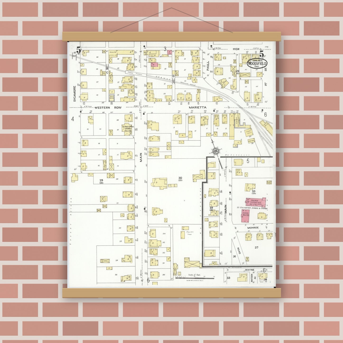 Old map wall art mockup — magnetic wood frame on brick wall — Sanborn Fire Insurance Map from Woodsfield, Monroe County, Ohio (1923), Sheet #0005