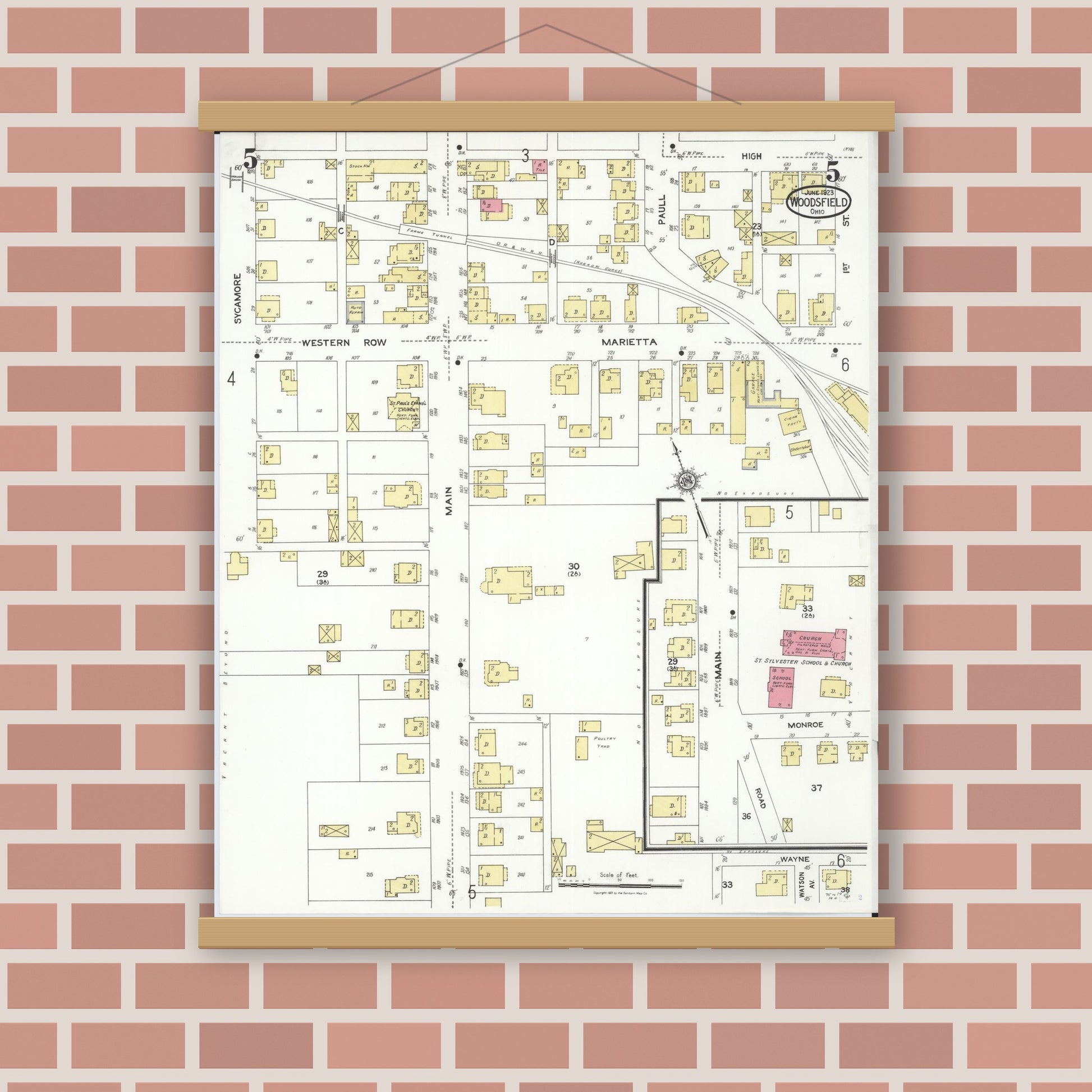Old map wall art mockup — magnetic wood frame on brick wall — Sanborn Fire Insurance Map from Woodsfield, Monroe County, Ohio (1923), Sheet #0005