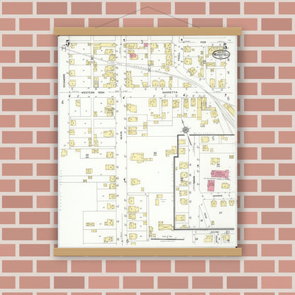 Old map wall art mockup — magnetic wood frame on brick wall — Sanborn Fire Insurance Map from Woodsfield, Monroe County, Ohio (1923), Sheet #0005