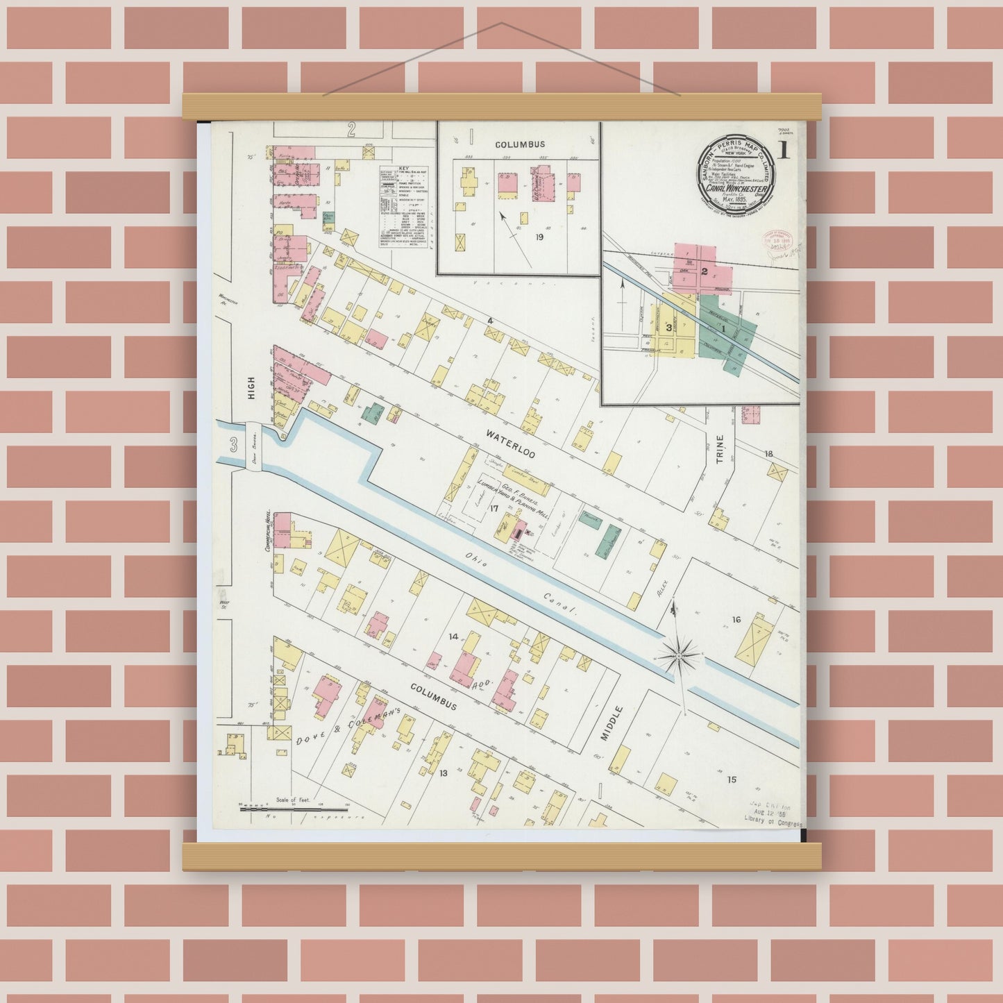Old map wall art mockup — magnetic wood frame on brick wall — Sanborn Fire Insurance Map from Canal Winchester, Franklin County, Ohio (1895), Sheet #0001