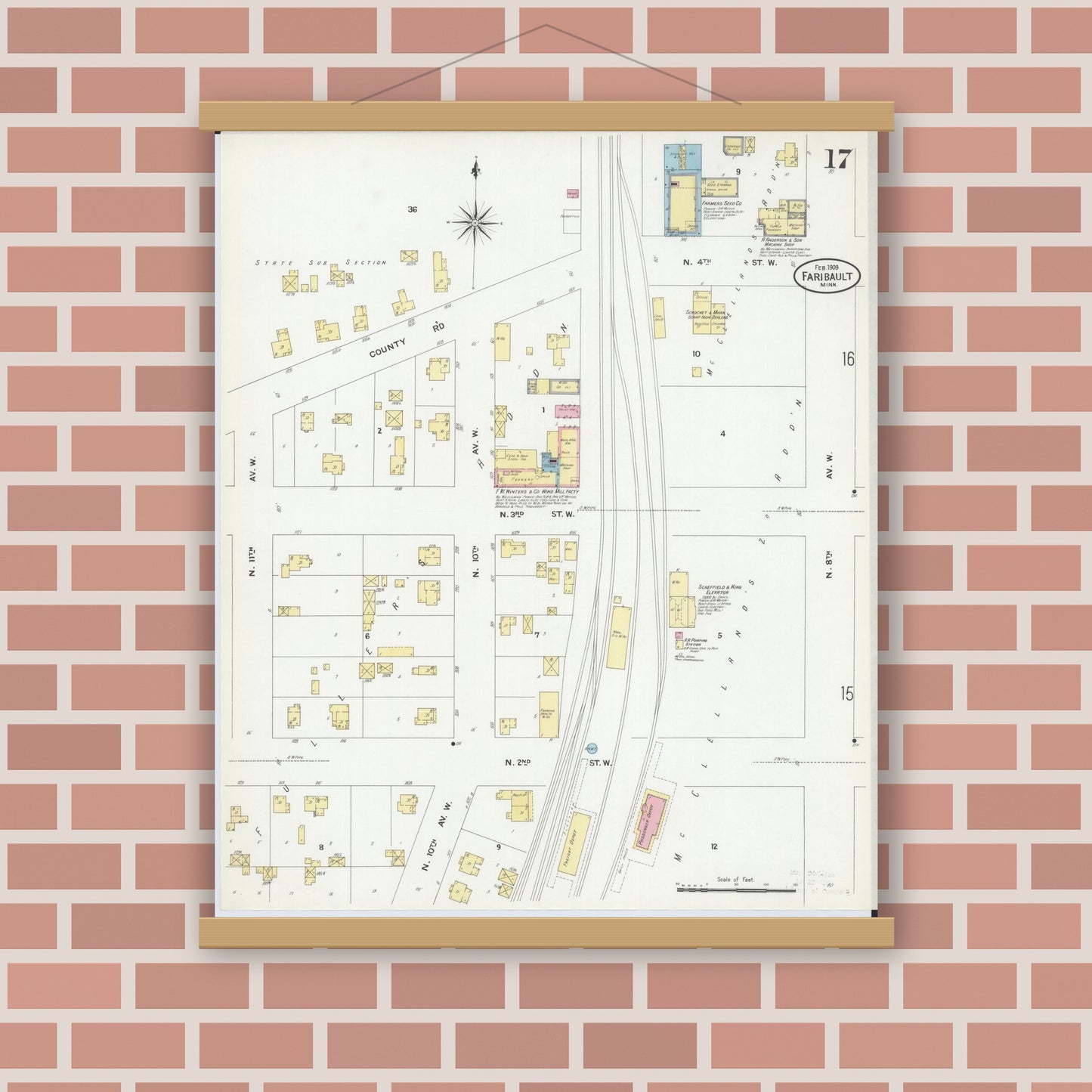 Old map wall art mockup — magnetic wood frame on brick wall — Sanborn Fire Insurance Map from Faribault, Rice County, Minnesota (1909), Sheet #0017