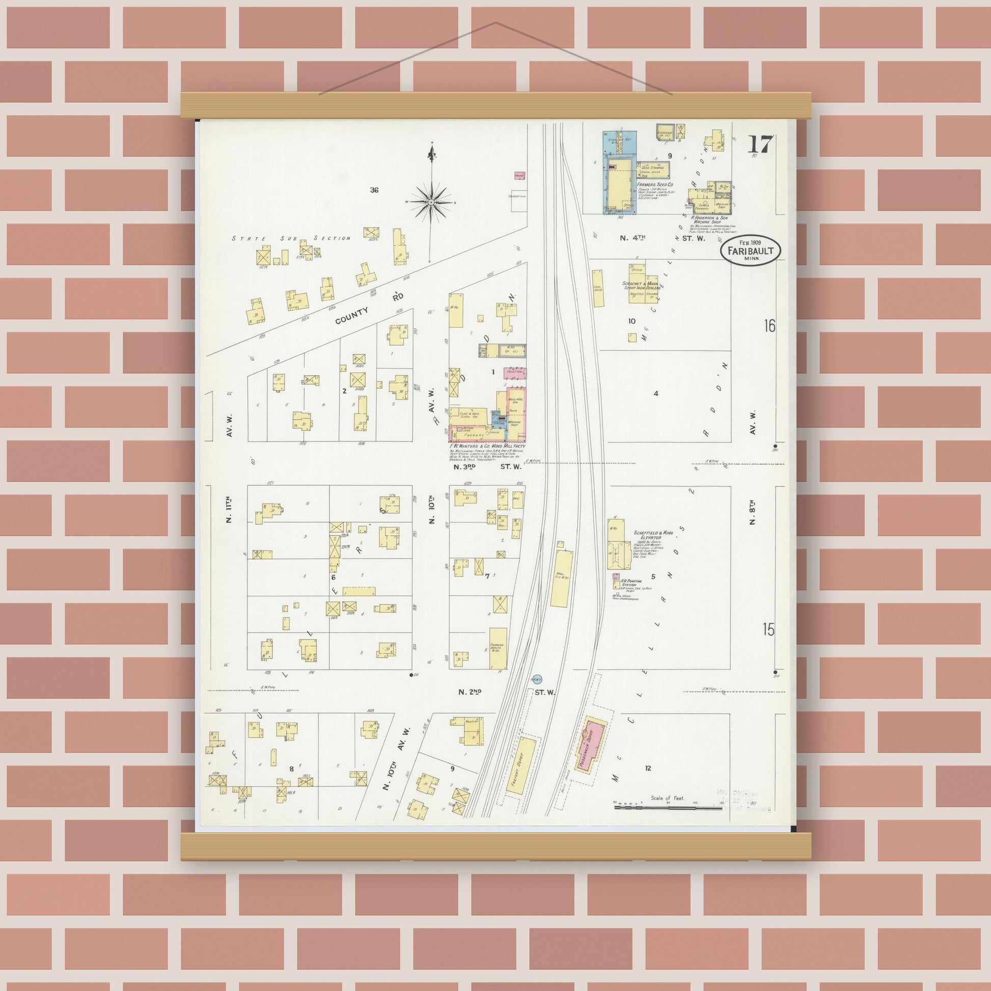 Old map wall art mockup — magnetic wood frame on brick wall — Sanborn Fire Insurance Map from Faribault, Rice County, Minnesota (1909), Sheet #0017