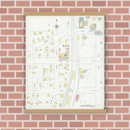 Old map wall art mockup — magnetic wood frame on brick wall — Sanborn Fire Insurance Map from Faribault, Rice County, Minnesota (1909), Sheet #0017