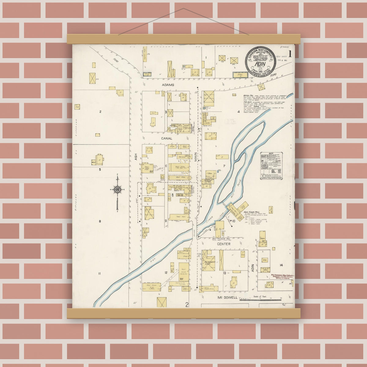 Old map wall art mockup — magnetic wood frame on brick wall — Sanborn Fire Insurance Map from Adin, Modoc County, California (1912), Sheet #0001