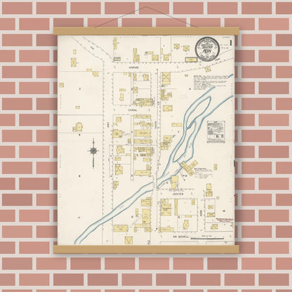 Old map wall art mockup — magnetic wood frame on brick wall — Sanborn Fire Insurance Map from Adin, Modoc County, California (1912), Sheet #0001