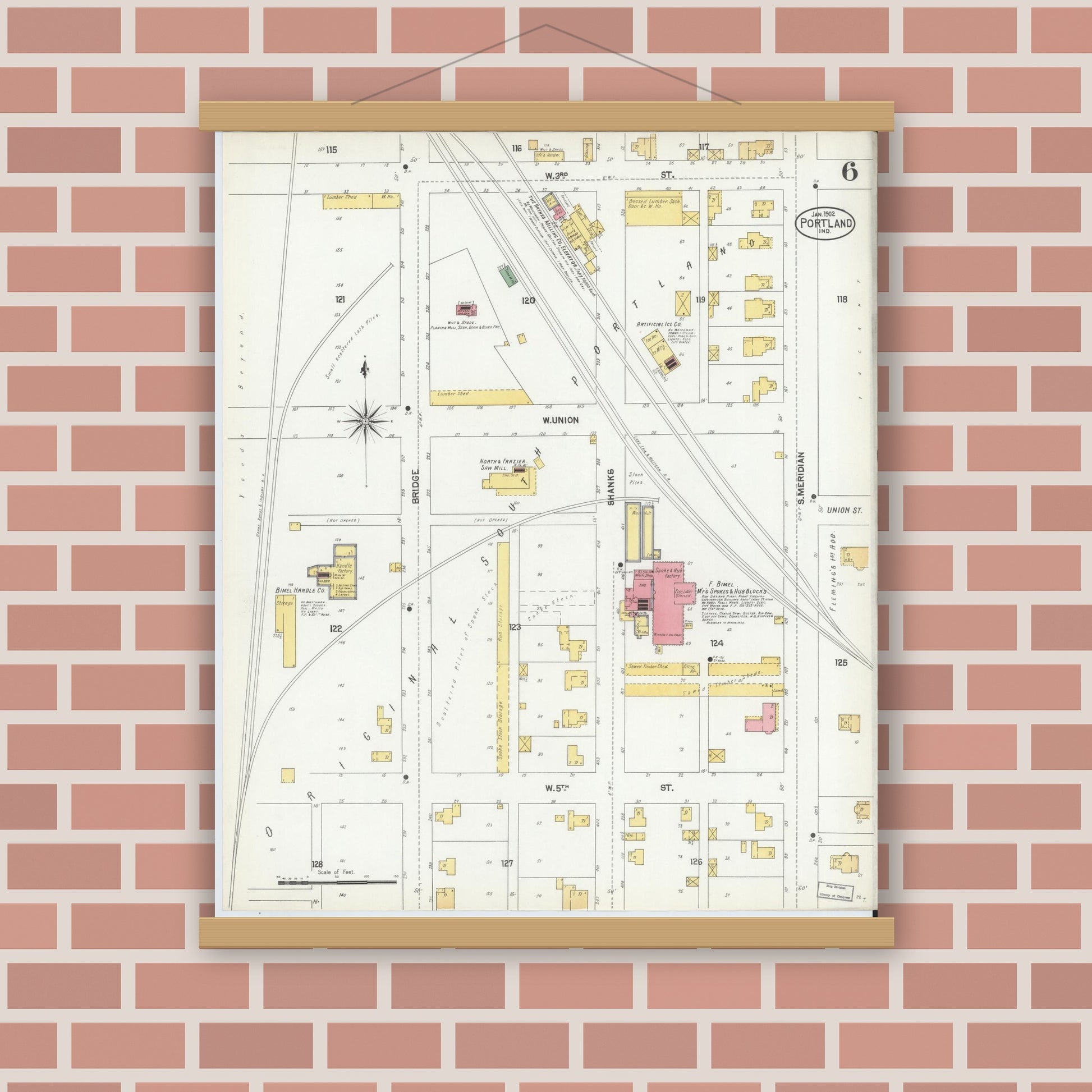 Old map wall art mockup — magnetic wood frame on brick wall — Sanborn Fire Insurance Map from Portland, Jay County, Indiana (1902), Sheet #0006