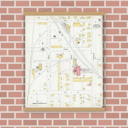 Old map wall art mockup — magnetic wood frame on brick wall — Sanborn Fire Insurance Map from Portland, Jay County, Indiana (1902), Sheet #0006
