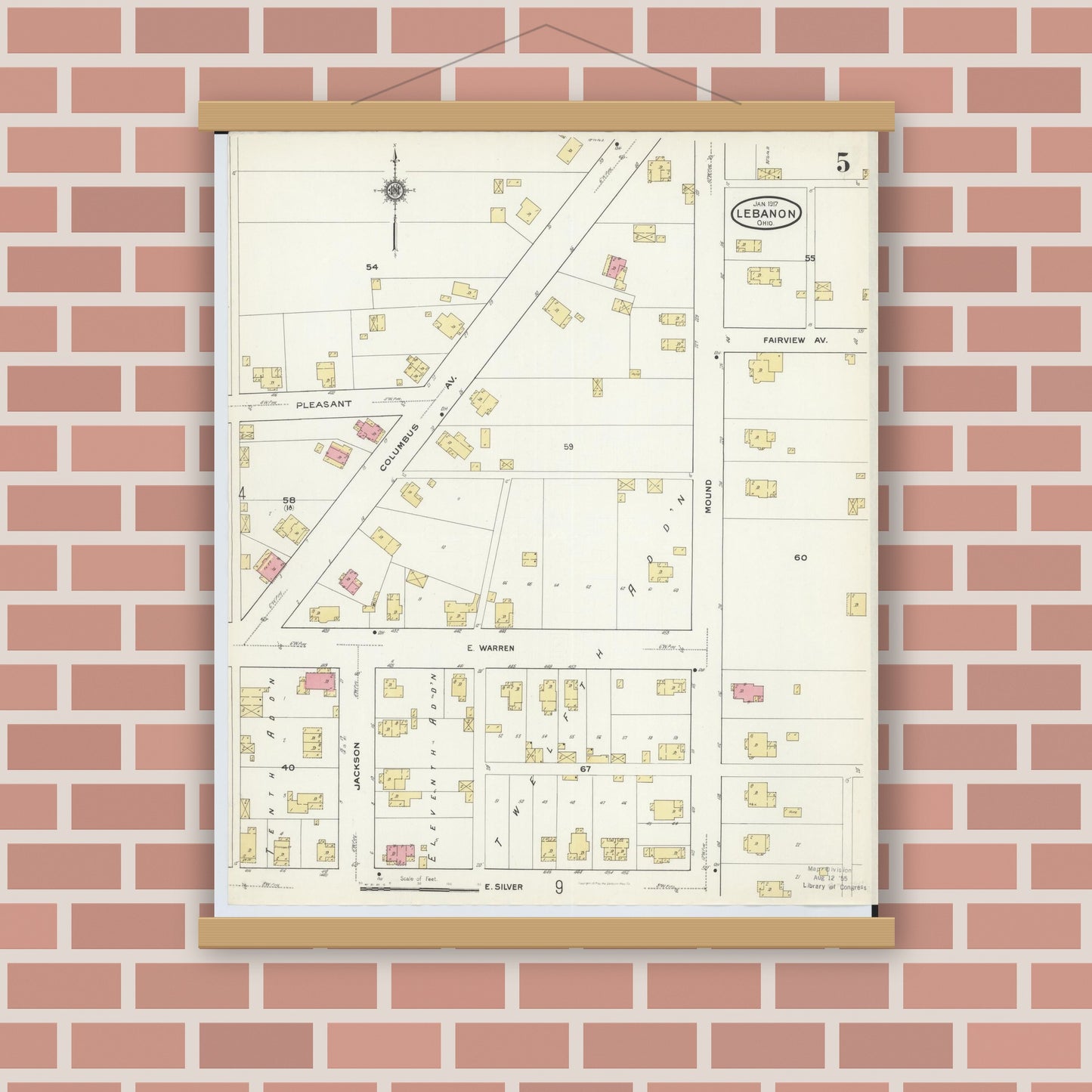 Old map wall art mockup — magnetic wood frame on brick wall — Sanborn Fire Insurance Map from Lebanon, Warren County, Ohio (1917), Sheet #0005