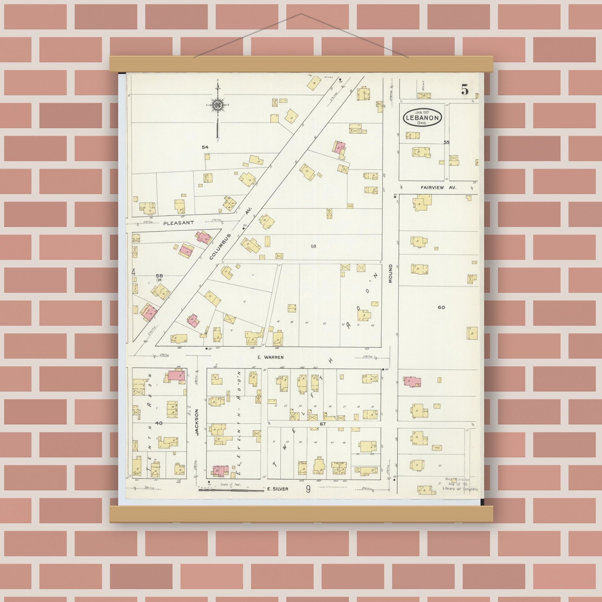 Old map wall art mockup — magnetic wood frame on brick wall — Sanborn Fire Insurance Map from Lebanon, Warren County, Ohio (1917), Sheet #0005