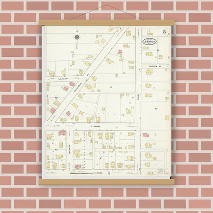 Old map wall art mockup — magnetic wood frame on brick wall — Sanborn Fire Insurance Map from Lebanon, Warren County, Ohio (1917), Sheet #0005
