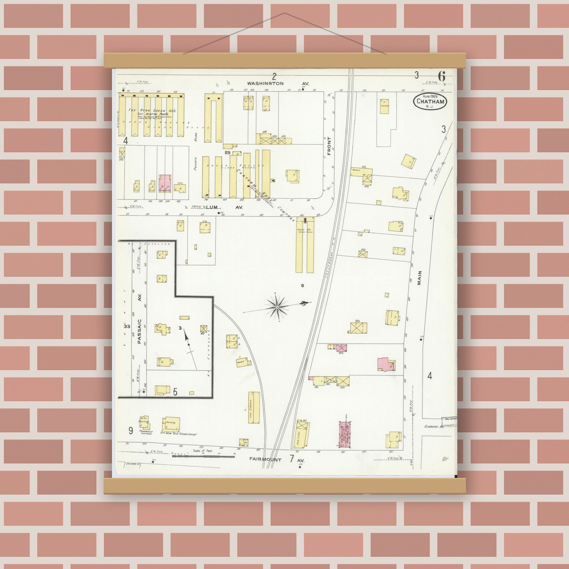 Old map wall art mockup — magnetic wood frame on brick wall — Sanborn Fire Insurance Map from Chatham, Morris County, New Jersey (1909), Sheet #0006