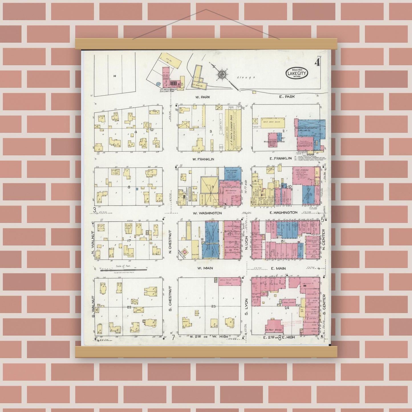 Old map wall art mockup — magnetic wood frame on brick wall — Sanborn Fire Insurance Map from Lake City, Wabasha County, Minnesota (1921), Sheet #0004