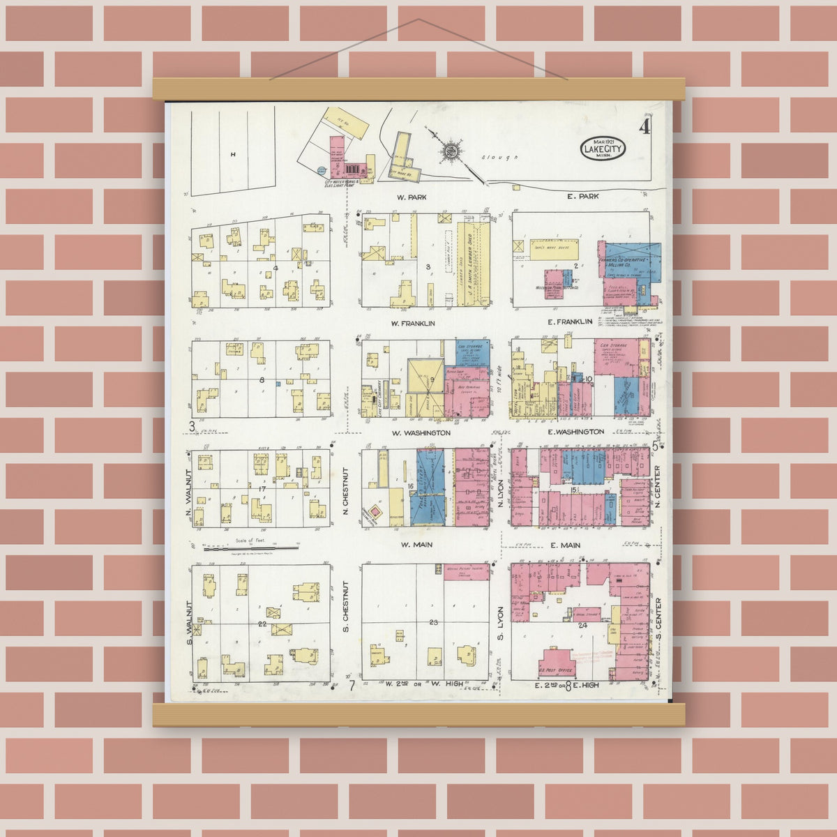 Old map wall art mockup — magnetic wood frame on brick wall — Sanborn Fire Insurance Map from Lake City, Wabasha County, Minnesota (1921), Sheet #0004
