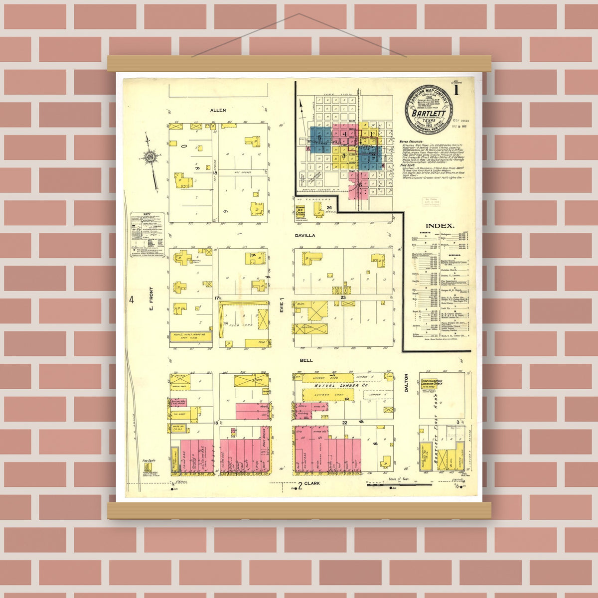 Old map wall art mockup — magnetic wood frame on brick wall — Sanborn Fire Insurance Map from Bartlett, Bell and Williamson Counties, Texas (1912), Sheet #0001