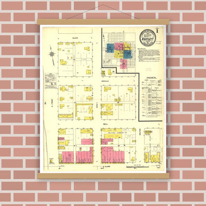 Old map wall art mockup — magnetic wood frame on brick wall — Sanborn Fire Insurance Map from Bartlett, Bell and Williamson Counties, Texas (1912), Sheet #0001