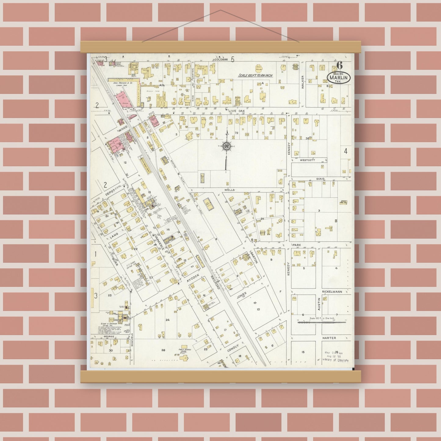 Old map wall art mockup — magnetic wood frame on brick wall — Sanborn Fire Insurance Map from Marlin, Falls County, Texas (1916), Sheet #0006