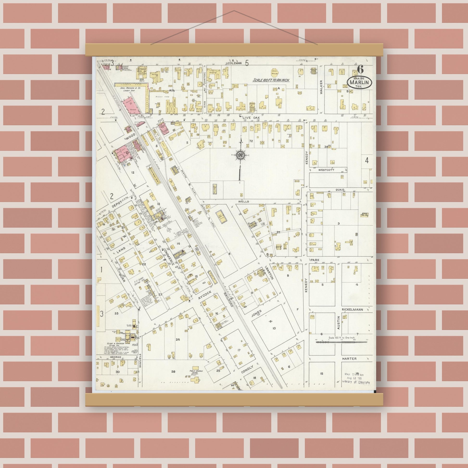 Old map wall art mockup — magnetic wood frame on brick wall — Sanborn Fire Insurance Map from Marlin, Falls County, Texas (1916), Sheet #0006