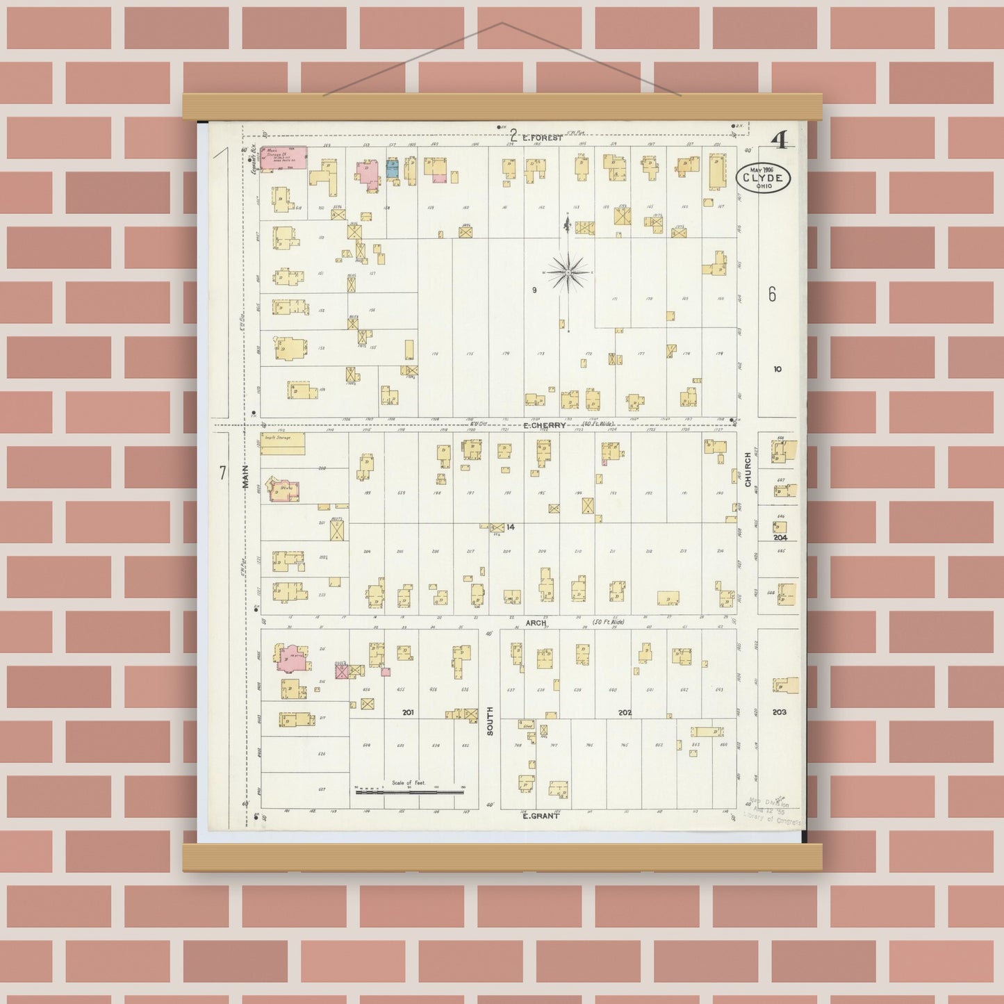Old map wall art mockup — magnetic wood frame on brick wall — Sanborn Fire Insurance Map from Clyde, Sandusky County, Ohio (1906), Sheet #0004