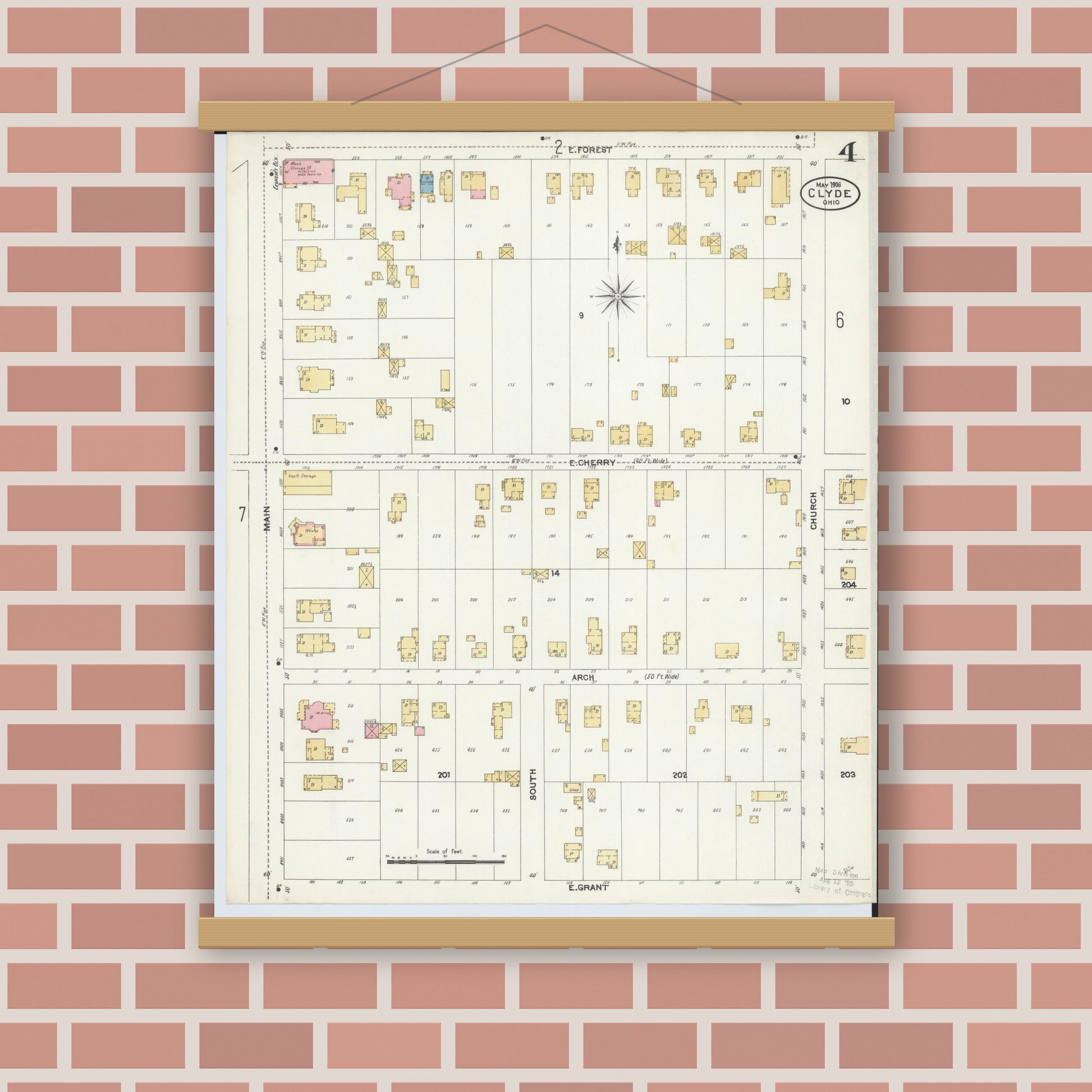 Old map wall art mockup — magnetic wood frame on brick wall — Sanborn Fire Insurance Map from Clyde, Sandusky County, Ohio (1906), Sheet #0004