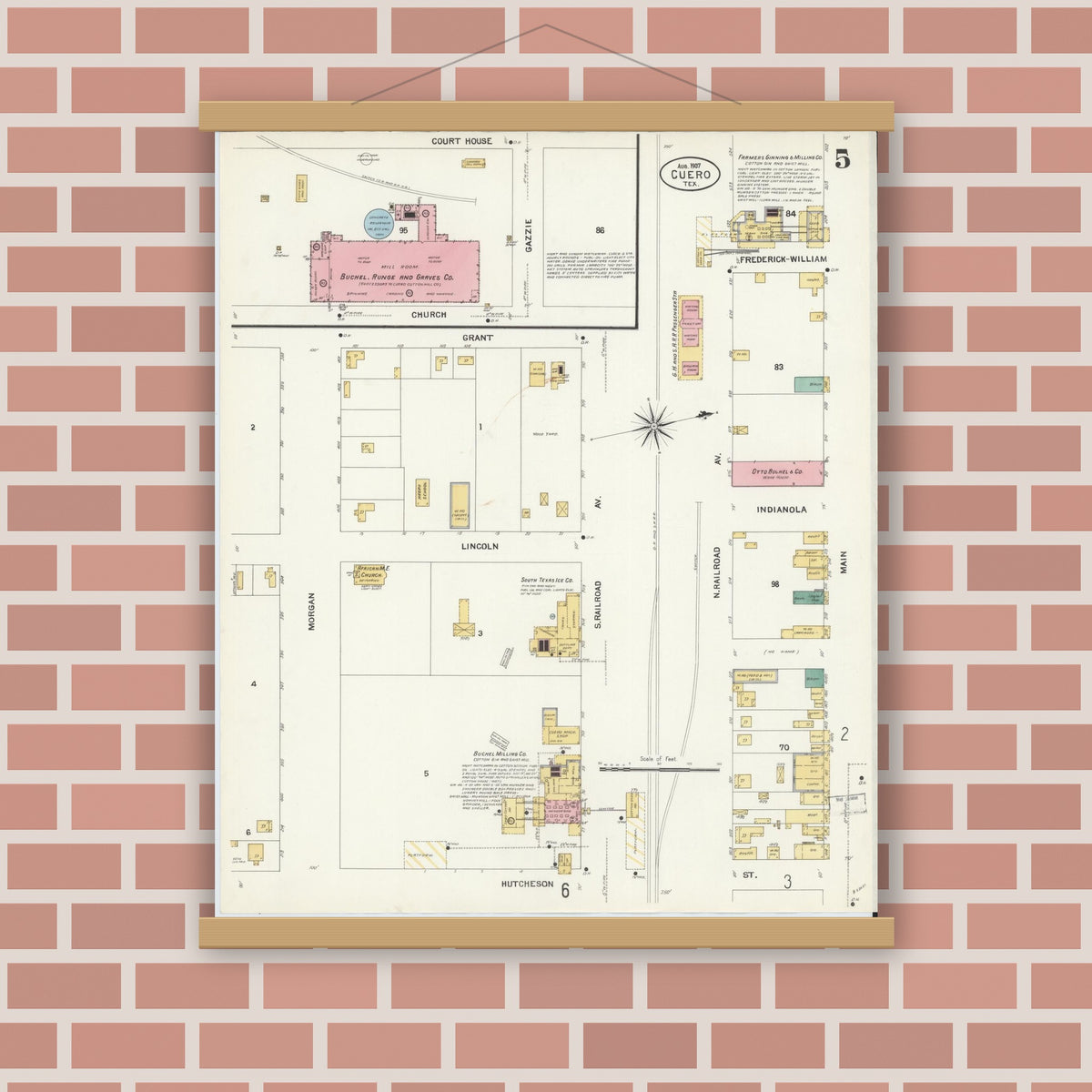 Old map wall art mockup — magnetic wood frame on brick wall — Sanborn Fire Insurance Map from Cuero, De Witt County, Texas (1907), Sheet #0005