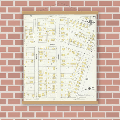 Old map wall art mockup — magnetic wood frame on brick wall — Sanborn Fire Insurance Map from Marinette, Marinette County, Wisconsin (1910), Sheet #0021