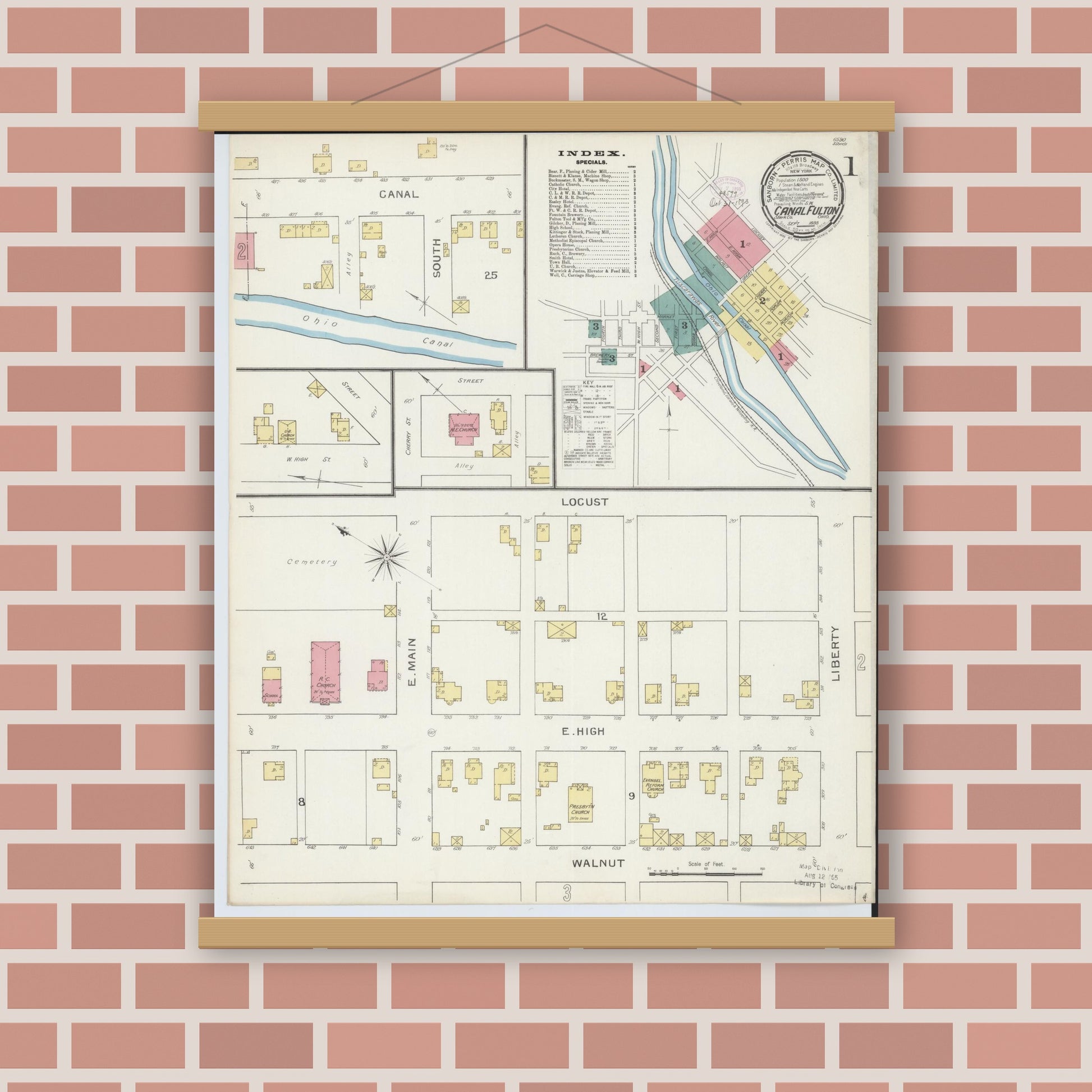 Old map wall art mockup — magnetic wood frame on brick wall — Sanborn Fire Insurance Map from Canal Fulton, Stark County, Ohio (1893) - Complete Map Set
