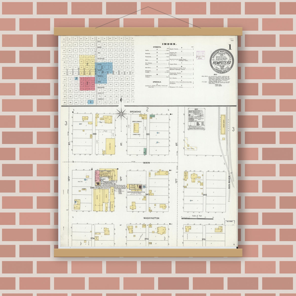 Old map wall art mockup — magnetic wood frame on brick wall — Sanborn Fire Insurance Map from Hempstead, Waller County, Texas (1906) - Complete Map Set