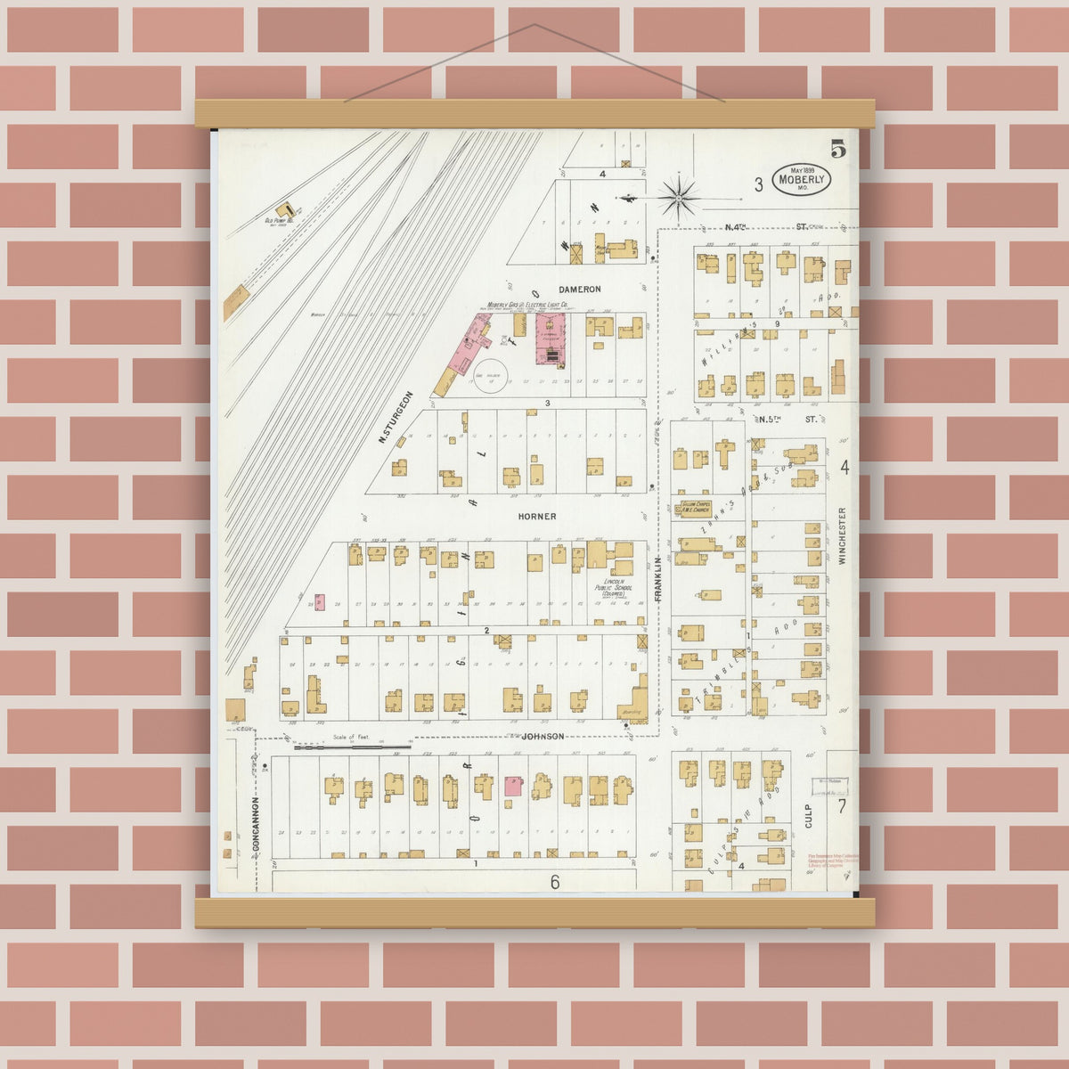 Old map wall art mockup — magnetic wood frame on brick wall — Sanborn Fire Insurance Map from Moberly, Randolph County, Missouri (1899), Sheet #0005