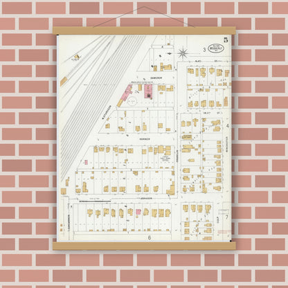 Old map wall art mockup — magnetic wood frame on brick wall — Sanborn Fire Insurance Map from Moberly, Randolph County, Missouri (1899), Sheet #0005