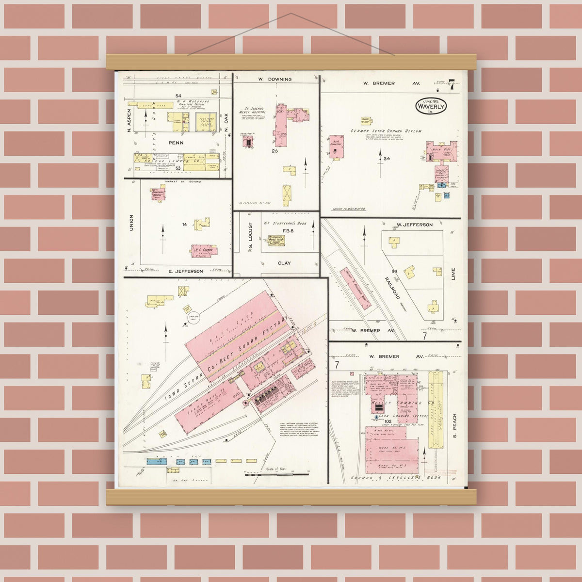 Old map wall art mockup — magnetic wood frame on brick wall — Sanborn Fire Insurance Map from Waverly, Bremer County, Iowa (1915), Sheet #0007