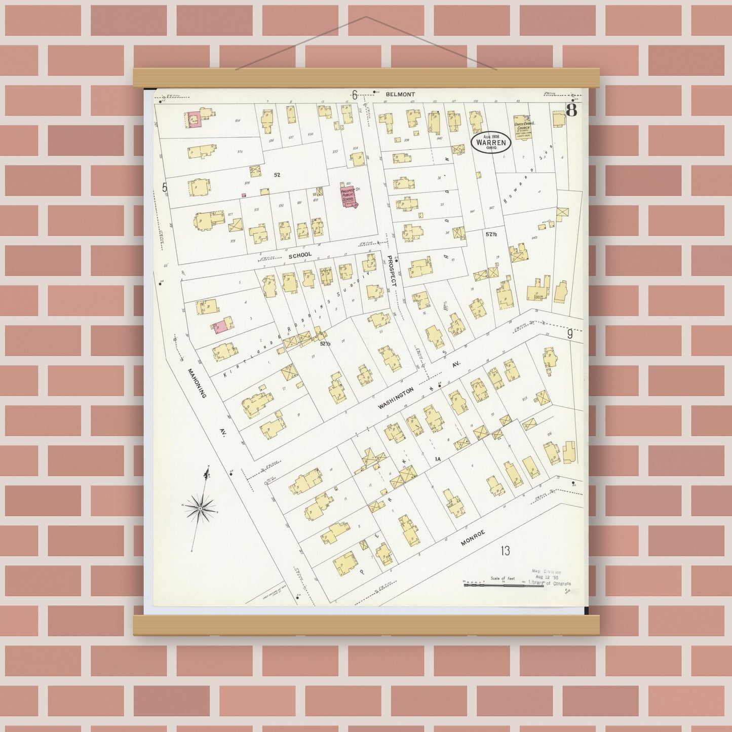 Old map wall art mockup — magnetic wood frame on brick wall — Sanborn Fire Insurance Map from Warren, Trumbull County, Ohio (1908), Sheet #0008
