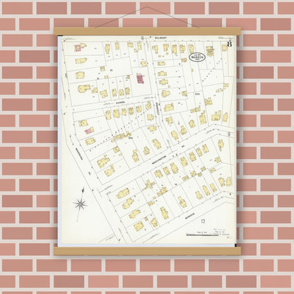 Old map wall art mockup — magnetic wood frame on brick wall — Sanborn Fire Insurance Map from Warren, Trumbull County, Ohio (1908), Sheet #0008
