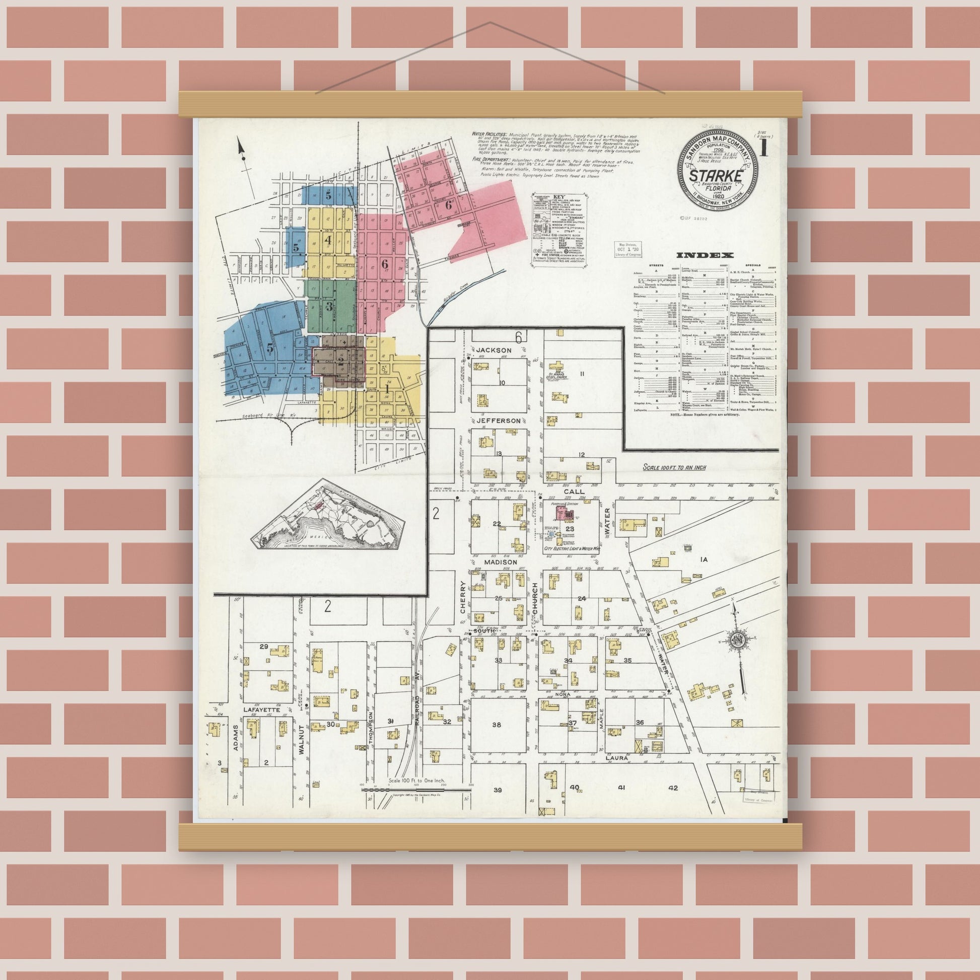 Old map wall art mockup — magnetic wood frame on brick wall — Sanborn Fire Insurance Map from Starke, Bradford County, Florida (1920) - Complete Map Set