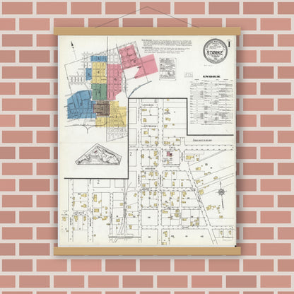Old map wall art mockup — magnetic wood frame on brick wall — Sanborn Fire Insurance Map from Starke, Bradford County, Florida (1920) - Complete Map Set