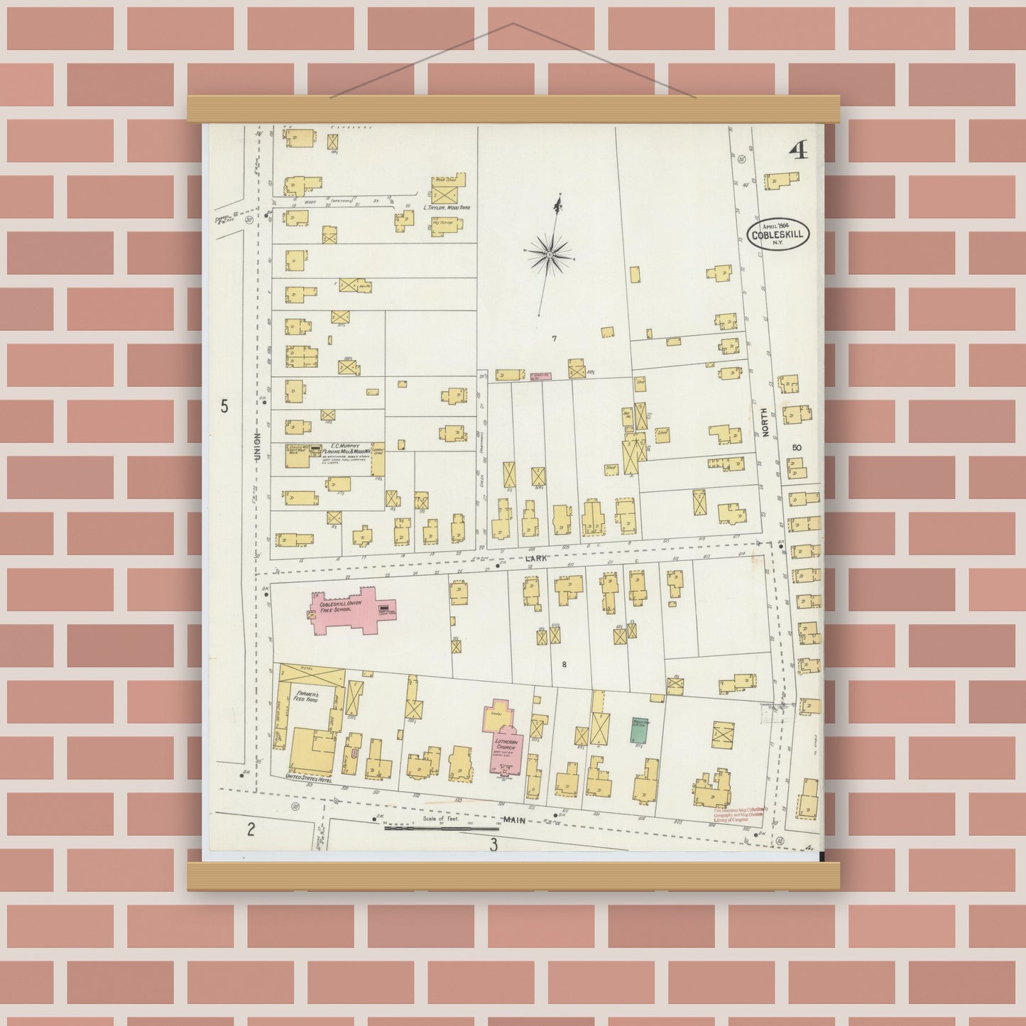 Old map wall art mockup — magnetic wood frame on brick wall — Sanborn Fire Insurance Map from Cobleskill, Schoharie County, New York (1904), Sheet #0004